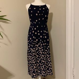 Navy pink floral slit midi strap dress